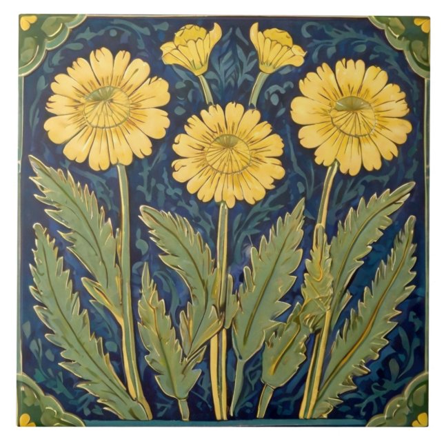 Azulejo De Cerâmica Dandelion Flowers Art Deco Nouveau Yellow Floral (Frente)