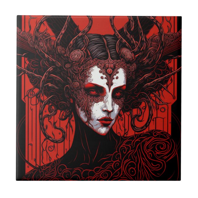 Azulejo De Cerâmica Dark Elf Demon Red Black Fantasy Art (Frente)