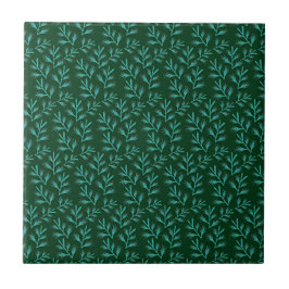 Azulejo De Cerâmica  Dark Green Background with Teal Botanical Leaves