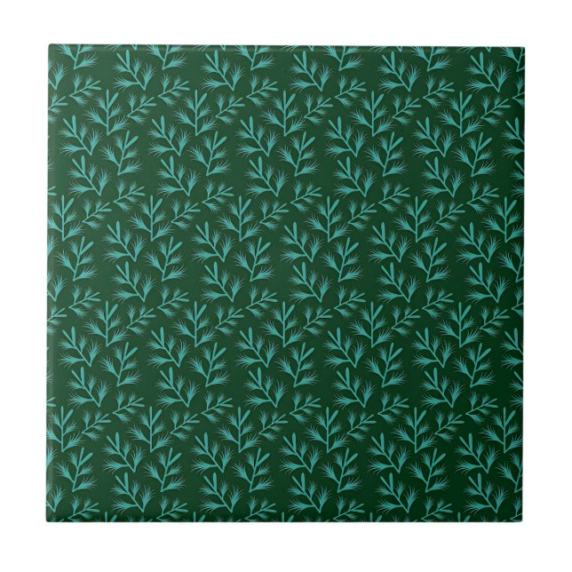 Azulejo De Cerâmica  Dark Green Background with Teal Botanical Leaves (Frente)