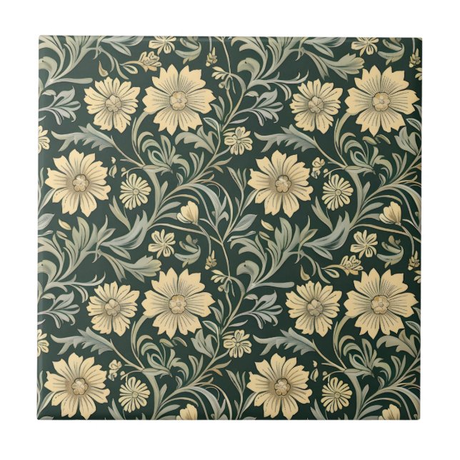 Azulejo De Cerâmica Dark green stylized yellow flowers  pattern  (Frente)