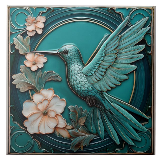 Azulejo De Cerâmica Dark teal faux relief Art Nouveau Hummingbird L (Frente)