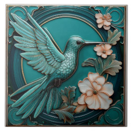 Azulejo De Cerâmica Dark teal faux relief Art Nouveau Hummingbird R