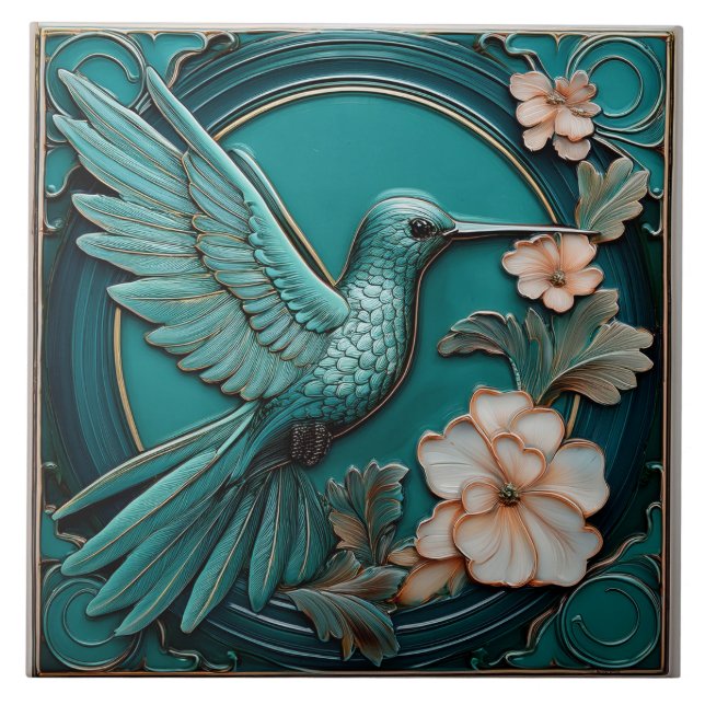 Azulejo De Cerâmica Dark teal faux relief Art Nouveau Hummingbird R (Frente)