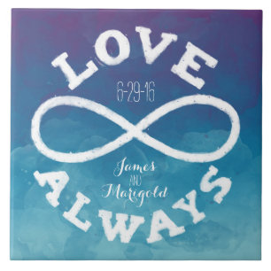 Azulejo De Cerâmica Data azul do casamento do amor da infinidade da