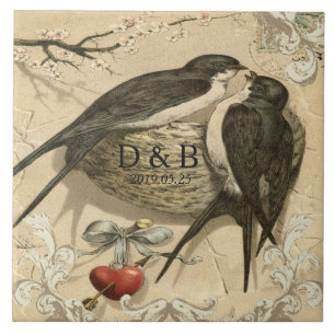 Azulejo De Cerâmica Data francesa do casamento da decoração do ninho