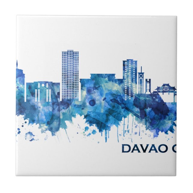Azulejo De Cerâmica Davao City Filipinas Skyline Blue (Frente)