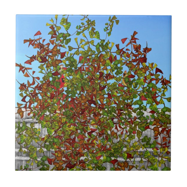Azulejo de cerâmica de Autumn Tree Cardinal Birds (Frente)