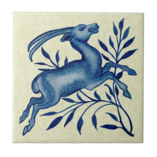 Azulejo De Cerâmica De Morgan Mand Pintou Antílope Azul Antique Repro