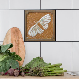 Azulejo de cerâmica de Moth, em branco e Ocher