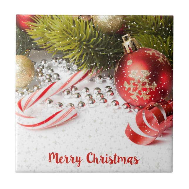 Azulejo De Cerâmica Decado De Natal Verde E Branco Vermelho (Frente)