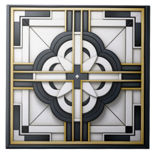 Azulejo De Cerâmica  Deco Belo Preto Branco Dourado 