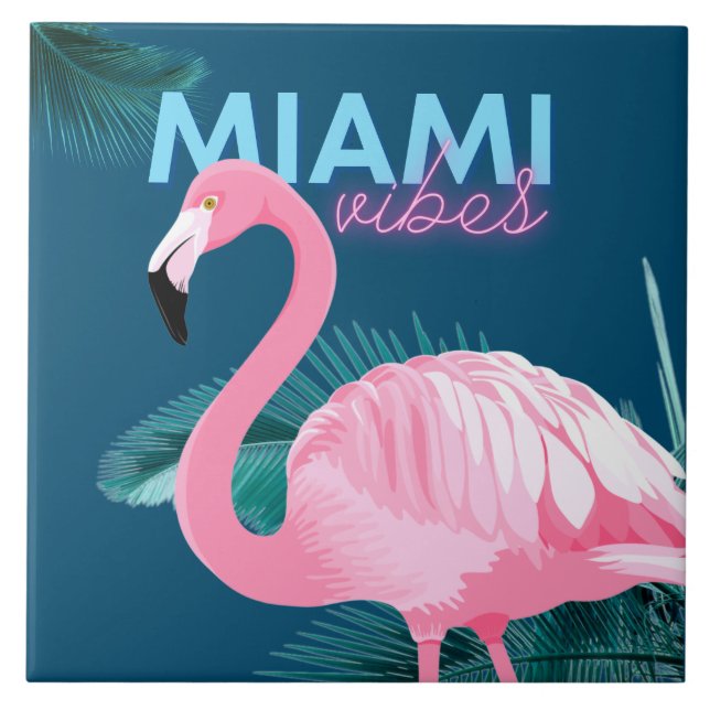 Azulejo De Cerâmica Deco de Arte Flamingo Rosa Miami Vibes (Frente)