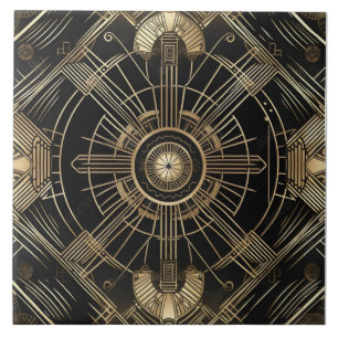 Azulejo De Cerâmica Deco de Arte Luxuosa, Preto e Dourado, Geometria