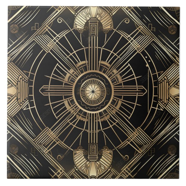 Azulejo De Cerâmica Deco de Arte Luxuosa, Preto e Dourado, Geometria (Frente)