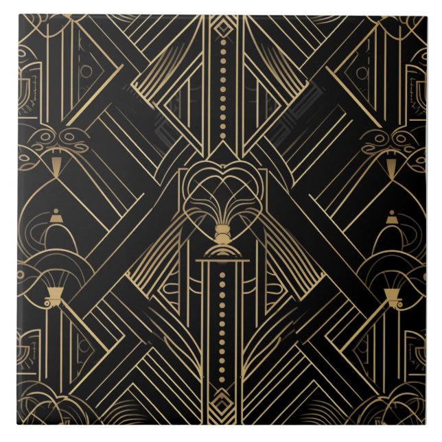 Azulejo De Cerâmica Deco de Arte Opulsiva, Dourado Preto, Design Geomé (Frente)