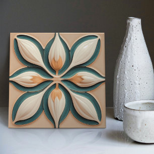 Azulejo De Cerâmica Deco de Arte Simétrica das Tulipas de Teal de Blus