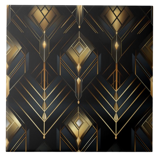 Azulejo De Cerâmica Deco Dourado e Negro, Chiaroscuro, Isométrico (Frente)