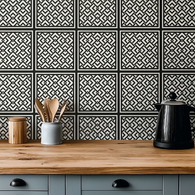 Azulejo De Cerâmica Deco gráfico monocromático de arte preto e branco (Criador carregado)