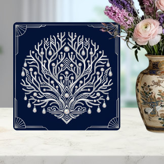 Azulejo De Cerâmica Deco Prata Pérolas Árvore Azul-Marinho Naval