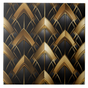 Azulejo De Cerâmica Deco Preto e Dourado, Zigzags e Linhas