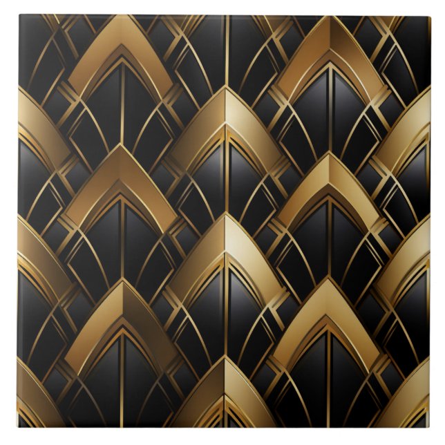 Azulejo De Cerâmica Deco Preto e Dourado, Zigzags e Linhas (Frente)