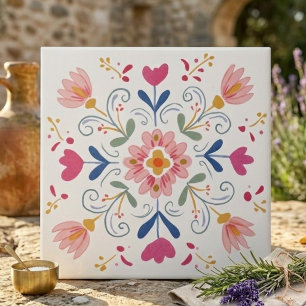 Azulejo De Cerâmica Decoração Botânica Macia Rosa e Azul Arte Popular