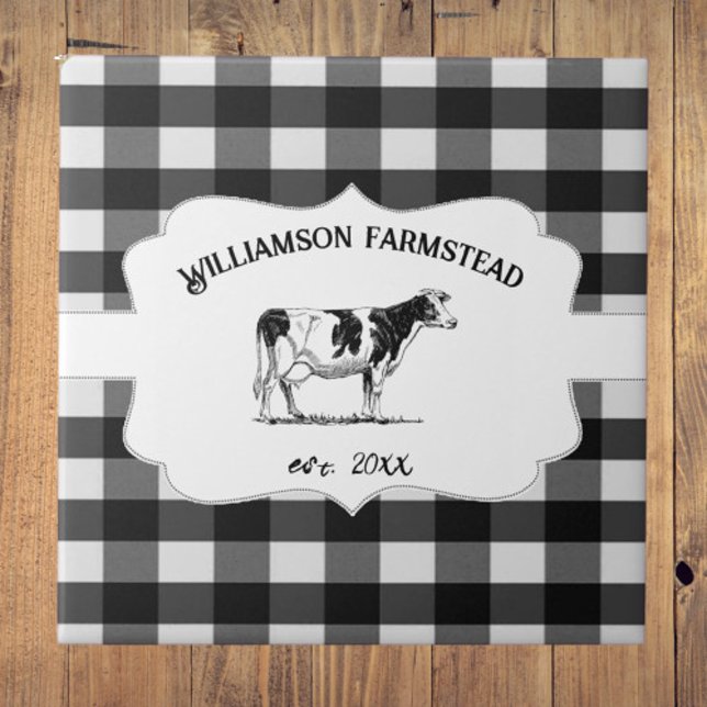 Azulejo De Cerâmica Decoração da Xadrez de Buffalo Negro (Black Buffalo Plaid Farm Cow Decorative Ceramic Tile)