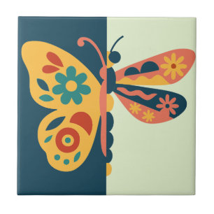 Azulejo De Cerâmica Decoração de borboleta colorida com elementos flor