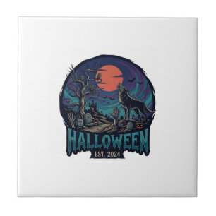 Azulejo De Cerâmica Decoração de Halloween Lobo Uivando Lua Vermelha M