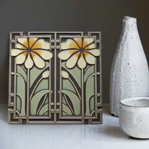 Azulejo De Cerâmica Decoração de parede com Margaridas Arte Nova Antig