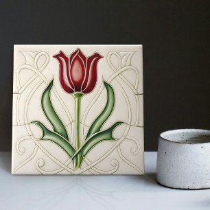 Azulejo De Cerâmica Decoração de parede de tulipa vermelha Art Nouveau