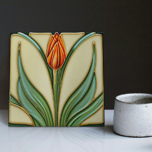 Azulejo De Cerâmica Decoração de parede de tulipa vermelha Art Nouveau