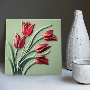 Azulejo De Cerâmica Decoração de Parede Tulipa Vermelha Art Nouveau Ar