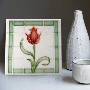 Azulejo De Cerâmica Decoração de Parede Tulipa Vermelha Verde Arte Nou