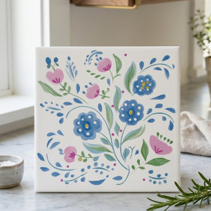Azulejo De Cerâmica Decoração Floral em Arte Popular Azul e Rosa