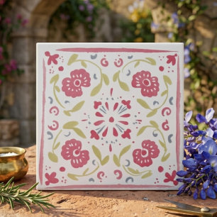 Azulejo De Cerâmica Decoração Floral em Arte Popular Rosa e Oliva