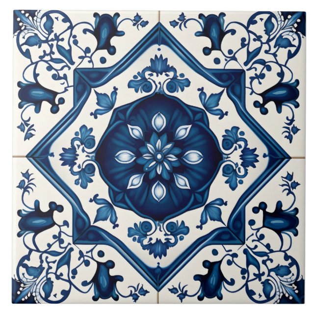 Azulejo De Cerâmica Decoração Floral Mediterrânica Azul (Frente)