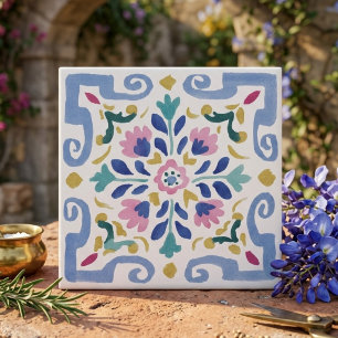 Azulejo De Cerâmica Decoração Floral Simétrica Pastel