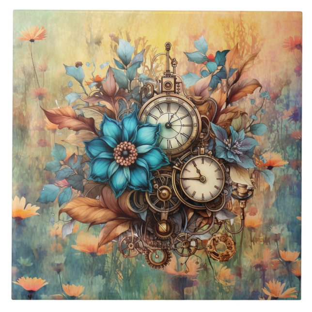 Azulejo De Cerâmica Decoração Floral Steampunk (Frente)