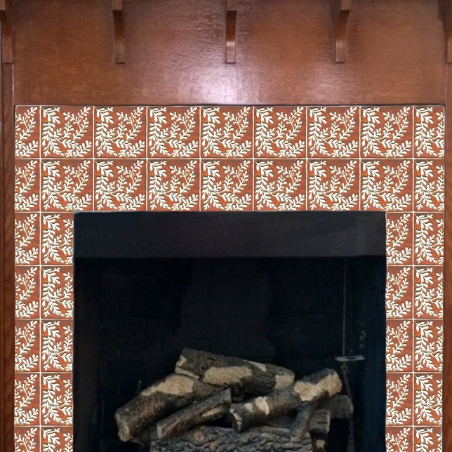 Azulejo de cerâmica decorativa, ferrugem e folhas  (Rust and white tile shown on a craftsman fireplace.)