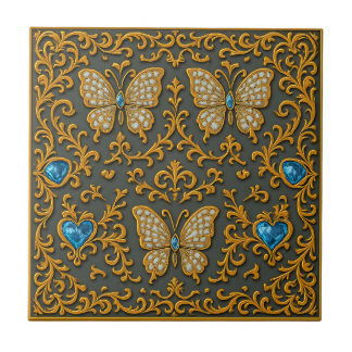 Azulejo De Cerâmica Decorative Butterfly Design in Gold and Blue