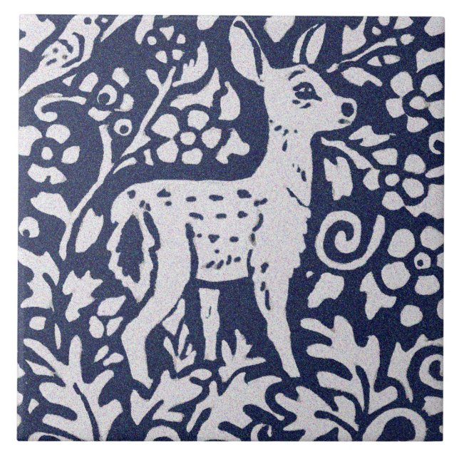 Azulejo De Cerâmica Deer Blue Cinza Granite Stone Woodland Arte Animal (Frente)