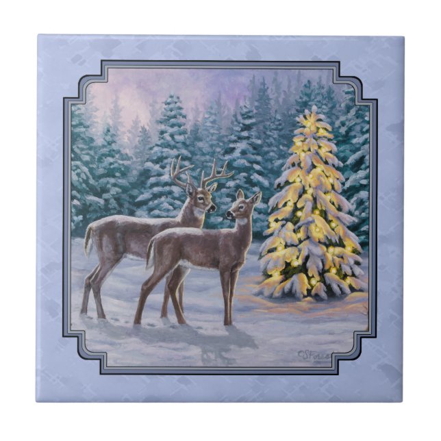 Azulejo De Cerâmica Deer e Árvore de Natal Blue (Frente)