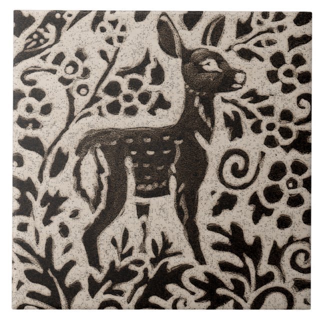 Azulejo De Cerâmica Deer Fawn Batik Stoneware Woodland Animal Tan Cinz (Frente)