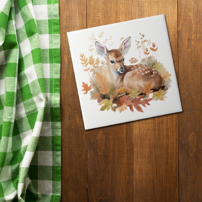 Azulejo De Cerâmica Deer Fawn nas Folhas do outono (Criador carregado)
