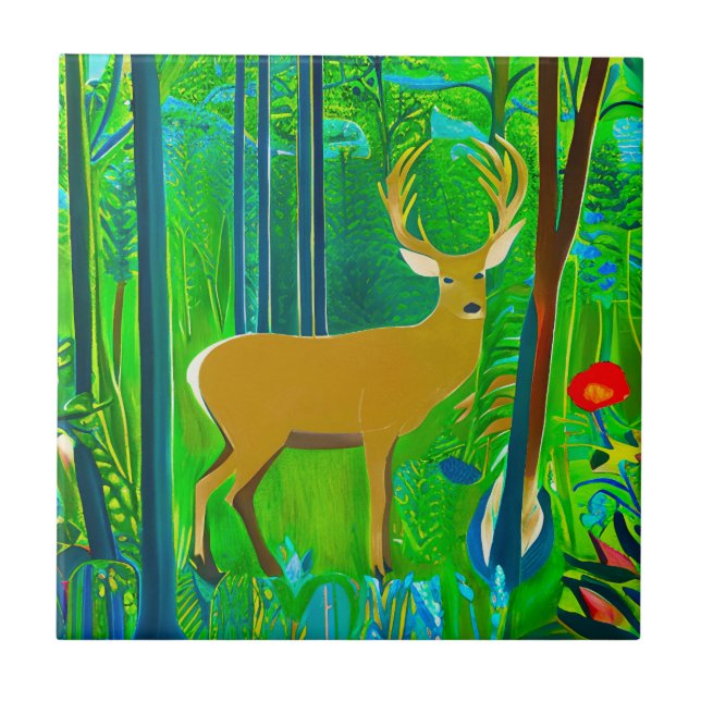 Azulejo De Cerâmica Deer in a Fantasy Forest Setting (Frente)