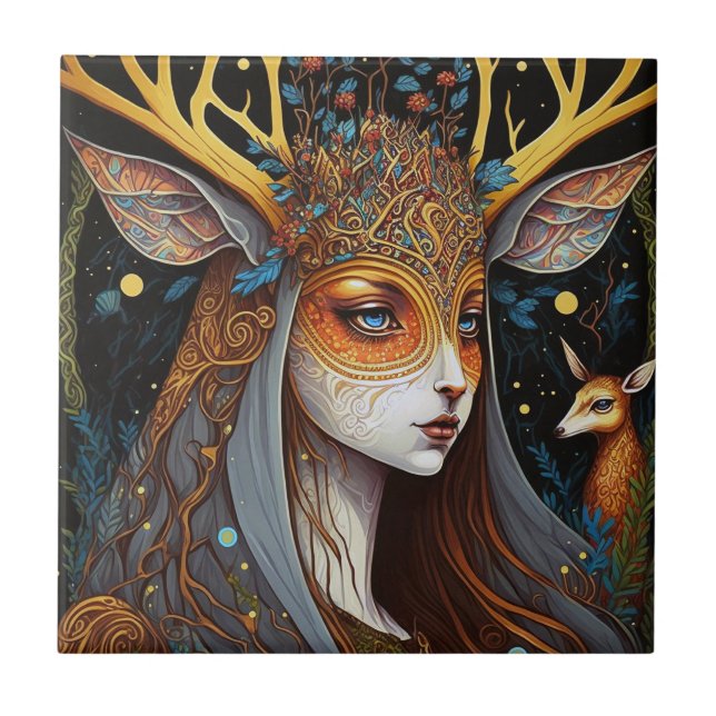 Azulejo De Cerâmica Deer Lady Fantasy Art (Frente)