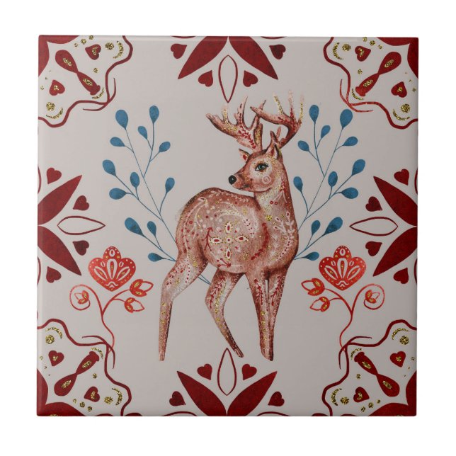 Azulejo De Cerâmica Deer Magical Folk Nordic Art (Frente)
