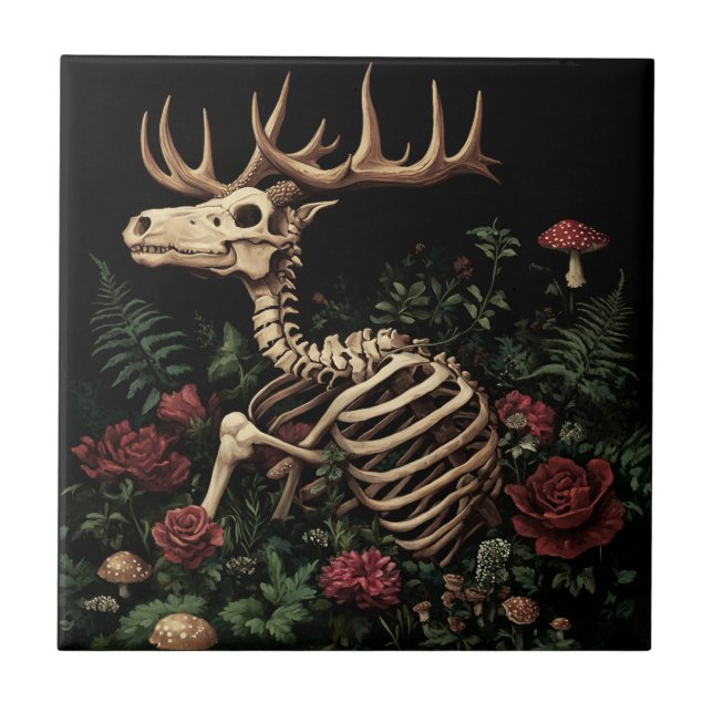 Azulejo De Cerâmica Deer Skeleton Mystical Gothic Floral (Frente)